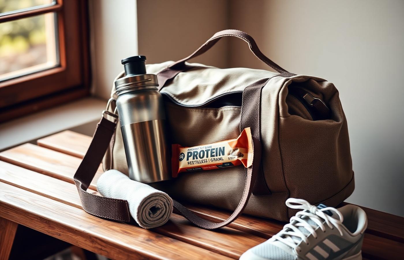 Canvas gym bag with a shaker bottle and wrapped protein bar