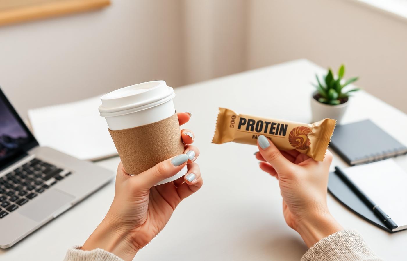 Hands holding a takeaway coffee and a wrapped protein bar at a work desk